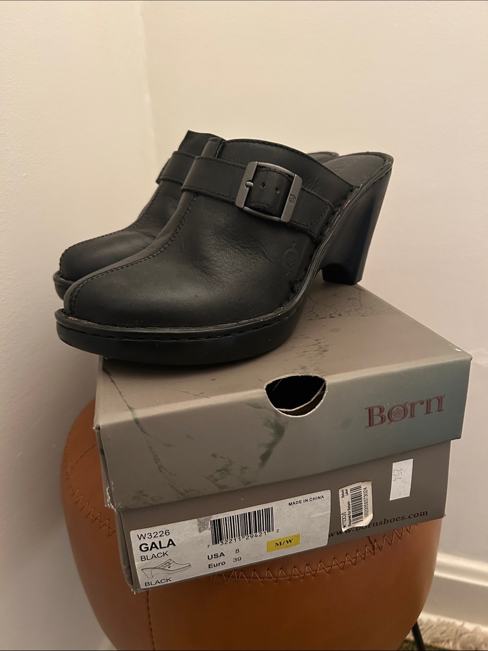 Born Black Leather Buckle Clog Mule